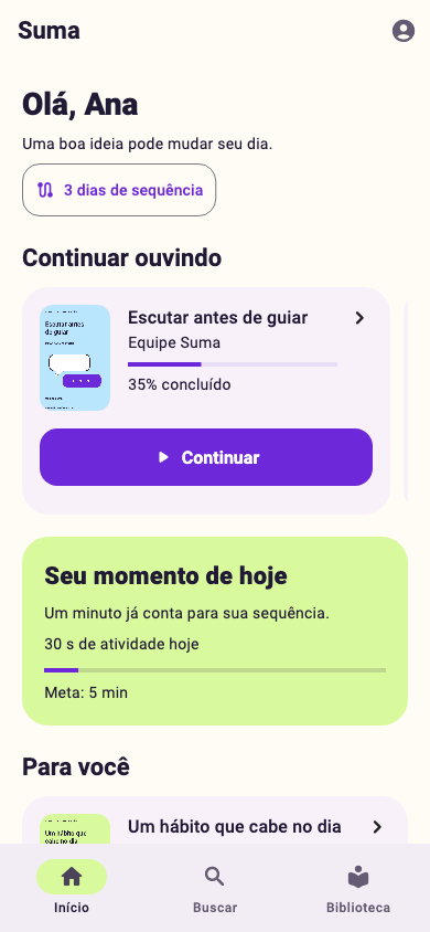 Tela inicial da Suma com sequência de aprendizado e livro para continuar ouvindo